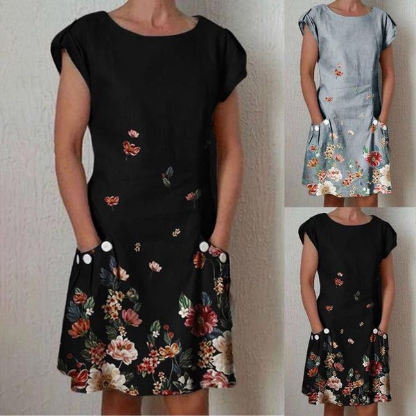 

casual dresses women's dress summer loose short sleeve round neck buttons pocket plus size vetement femme 2021 vestidos, Black;gray