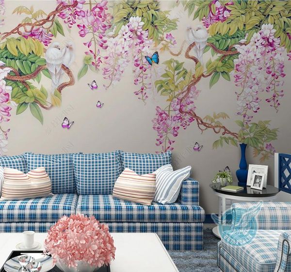 Custom 3D Photo Wallpaper Wisteria Flower Butterfly Soggiorno divano TV Sfondo Murale Wall Paper Decor