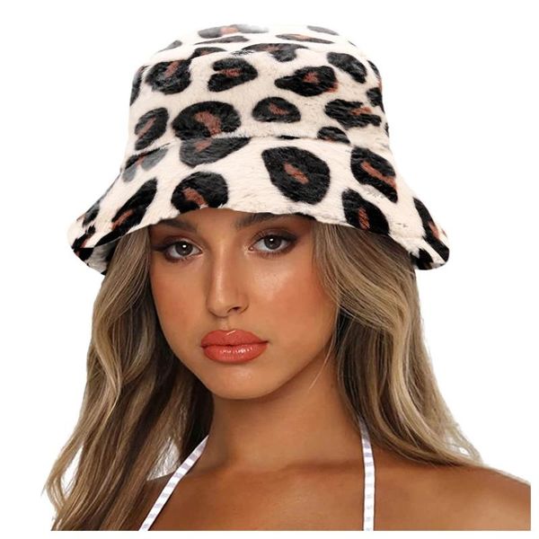 

wide brim hats leopard print bucket hat female ladies flat beanie bonnet 2021 winter autumn thick warm soft lamb wool women, Blue;gray
