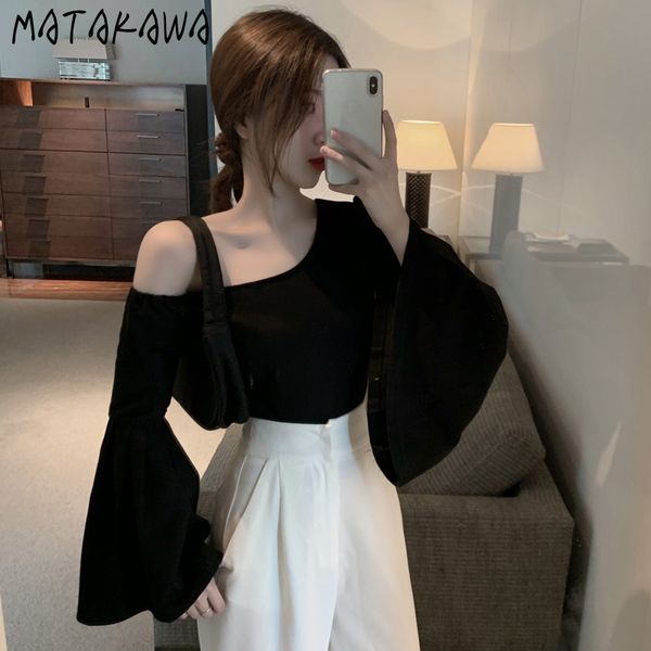 

matakawa skew collar off-shoulder t-shirt woman spring slim t shirt for women pleated flared sleeve short 210513, White