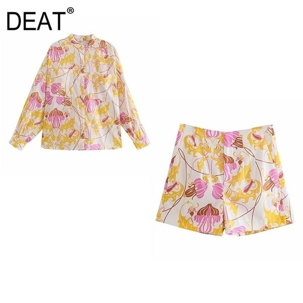 

[deat] summer fashion round neck single-breasted printing shirt casual shorts women two-piece suit 13q363 210527, White
