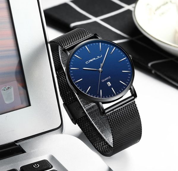 

wristwatches gift watches crrju mens blue dial mesh ultra thin casual quartz watch for men sport date clock relogio masculino, Slivery;brown