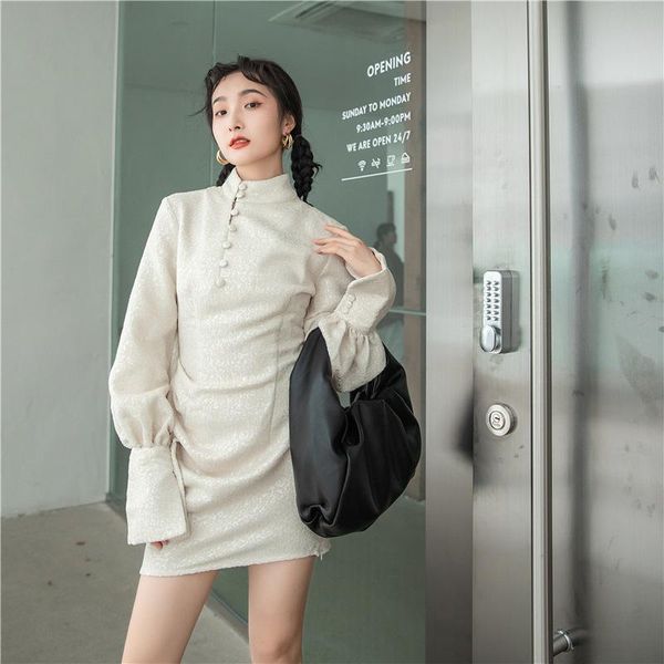 

spring autumn women dress slim solid cheongsam female stand-up collar lantern sleeve knee-length pencil ladies y624 casual dresses, Black;gray