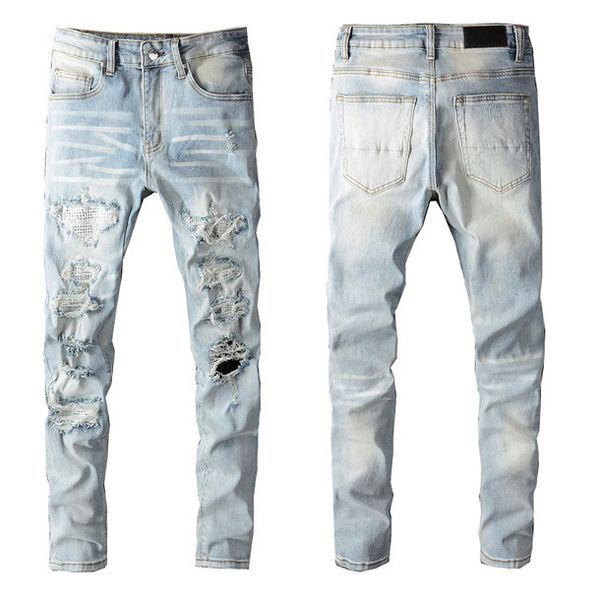 Jeans da uomo di alta qualità Ultimo aggiornamento Patch di diamanti Designer Borse Uomo Biker Motocicletta Retor Plants Button Jean s Wholesale Slim-leg Denim Light Blue Pant W28-40