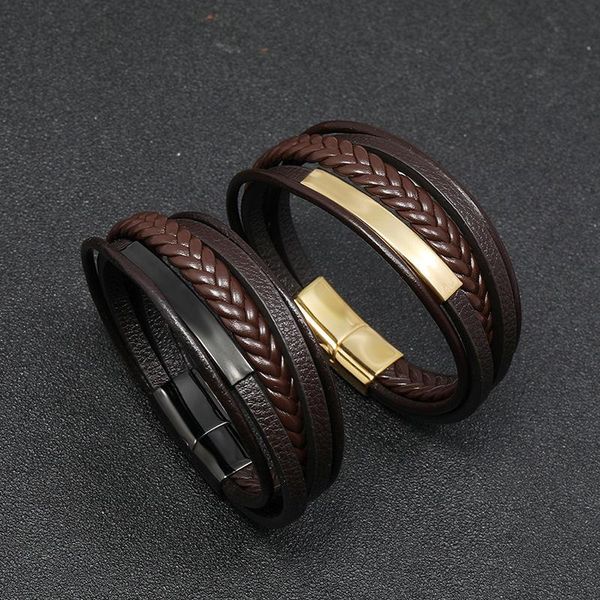 

men's leather bracelet stainless steel link, chain, Black