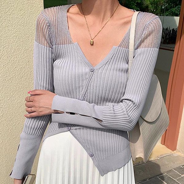 

women's blouses & shirts women elegant blouse knitted long sleeve shirt 2021 summer chic v neck asymmetrical pullover transperant tee t, White