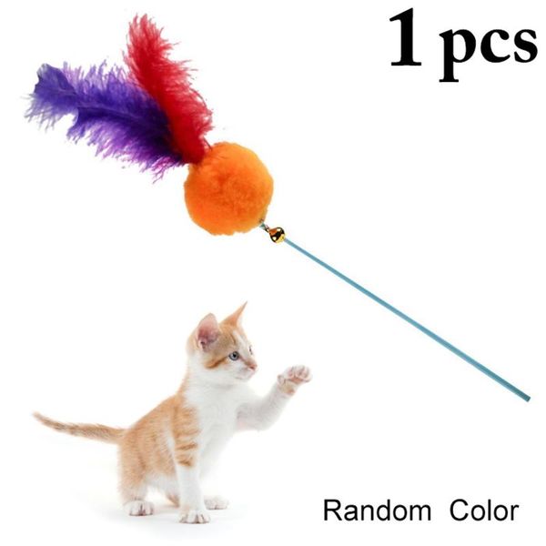 

cat toys 1pcs practical teaser toy faux feather kitten teasing wand with bell funny interactive random color