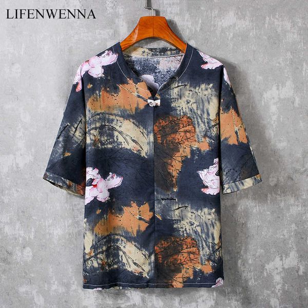 

lifenwenna summer fashion men's t shirt chinese style print short sleeve t shirts men casual cotton linen hip hop tees 210528, White;black