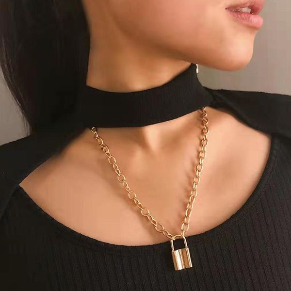 

pendant necklaces punk padlock necklace hip hop lock chain women men gothic long vintage jewelry friendship gift, Silver