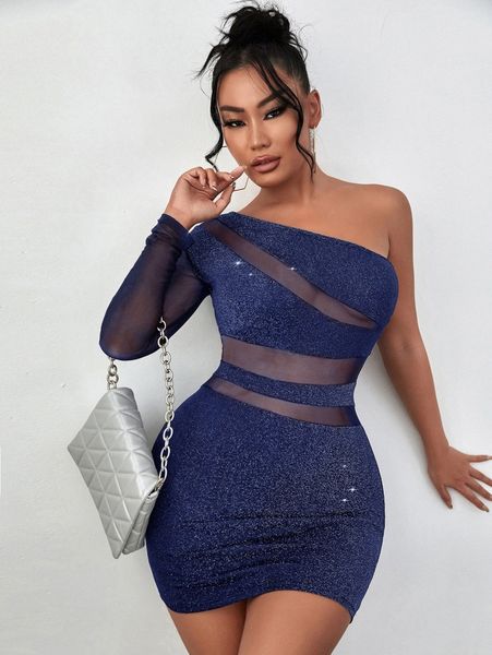 

sxy glitter contrast mesh one shoulder dress s8ej#, Black;gray