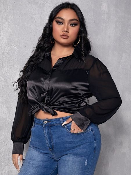 

plus solid contrast mesh sleeve blouse k4mh#, Black