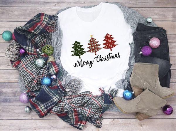 

merry christmas fashion graphic plaid womens t shirt tree cute tee festival party, White