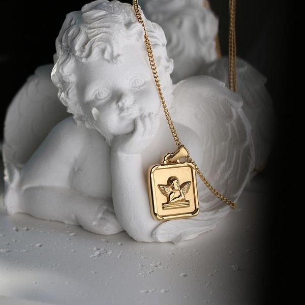 

pendant necklaces tarnish stainless steel angel necklace for women french vintage geometric choker jewelry, Silver