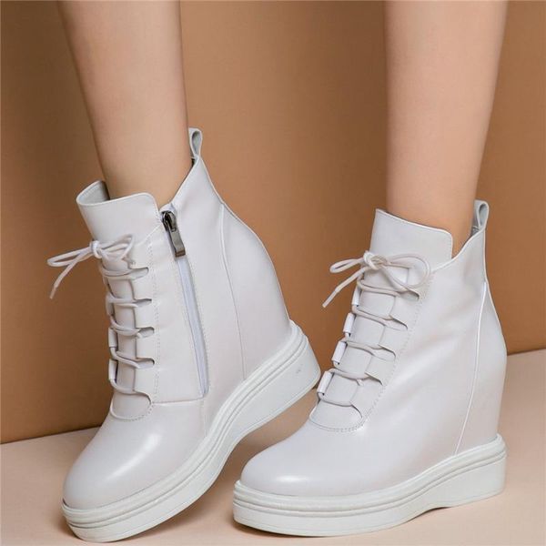 

boots high pumps shoes women lace up genuine leather wedges heel ankle female round toe fashion sneakers casual, Black
