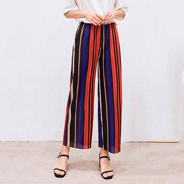 

women's pants & capris 2021 summer see through wide leg black white wine red blue colorful stripe calf length loose leggings