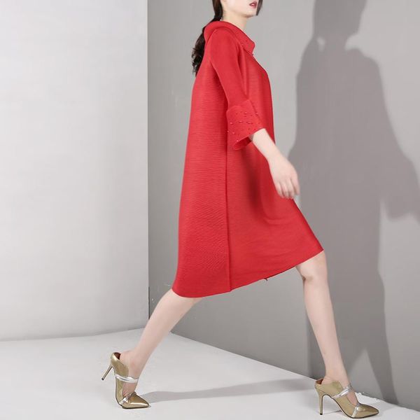 

fashion tide spring summer high collar three quarter sleeve red pleated split joint temperament dress women yf7 casual dresses, Black;gray