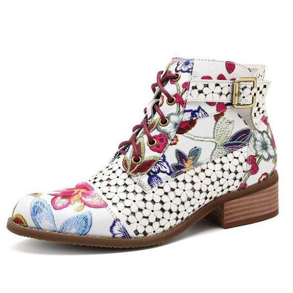 

boots women's autumn ink painting flower pattern cow leather ankle para splicing lace-up stitching dropship, Black