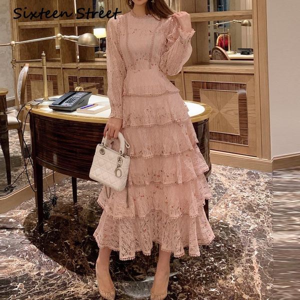 

casual dresses pink lace embroidery women o neck long sleeve evening party dress vestido de mujer autumn elegant sweet maxi lady, Black;gray