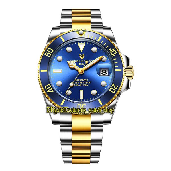 LIGE ETERNIDADE LG6801 SPORT MENS Relógios USB Luminous Blue Dial Mecânica 28800 VPH Men Watch 316L Caso de Aço Prata Ouro de Prata Dois Tom Pulseira Inoperável