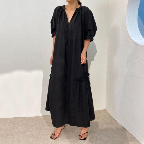 

casual dresses nice summer japanese korean style solid color retro long women's dress v-neck puff sleeve loose, Black;gray