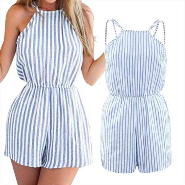 

fashion summer women jumpsuit backless vertical stripe sleeveless bodysuit women casual short jumpsuits macacao feminino, Black;white