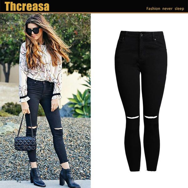 

women's wish speed sell pass nine minutes of pants knee hole elastic fringe cultivate morality cowboy pencil jeans, Blue