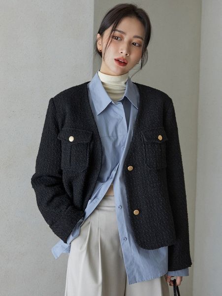 

dazy-less flap pocket single breasted tweed overcoat l64a#, Black