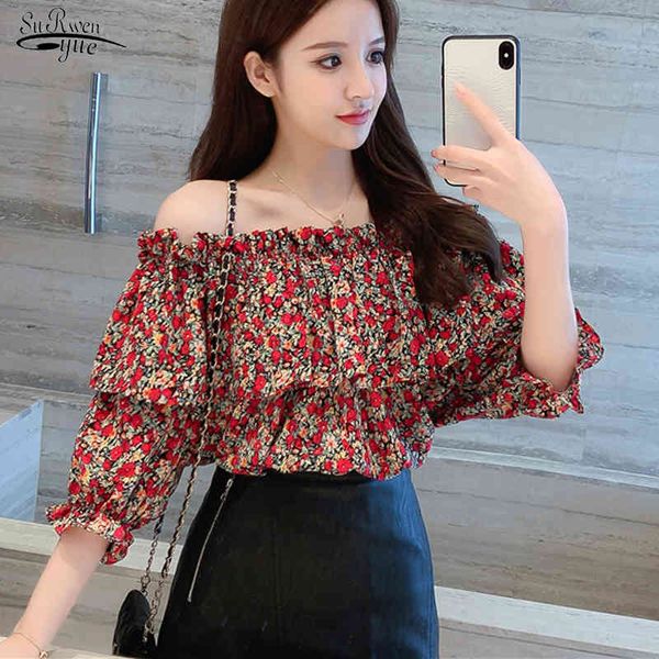 

korean style floral summer women's blouse casual vintage print short sleeve shirts crop clothes 9377 50 210508, White