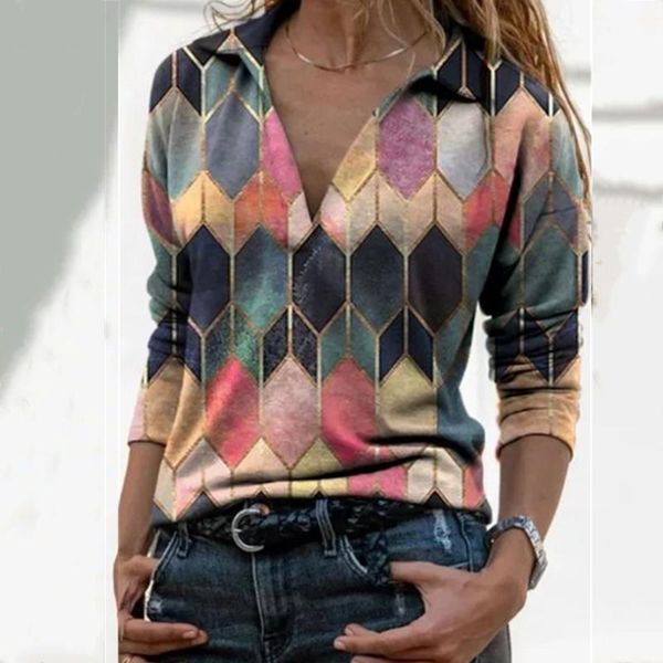 

women landscape pattern print blouse shirt elegant autumn turn-down collar pullover casual loose streetwear femme blusas women's blous, White