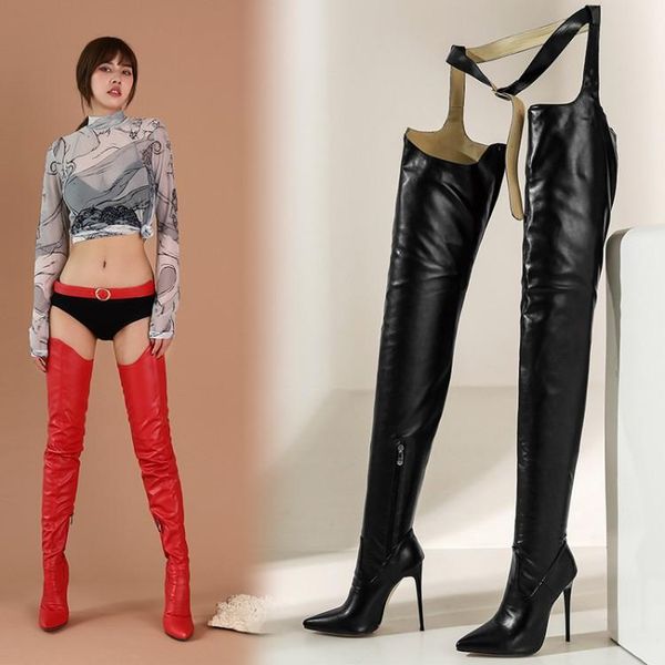 

boots red boots, high heels, over knee super long tube girl dance shoes, large size women's, Black