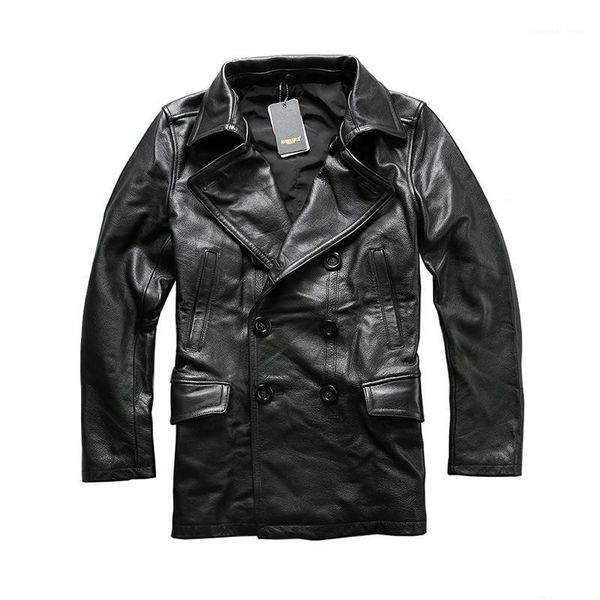

on details focus asian size excellent cow leather winter jacket male classic cowhide big button pea coat a1657 men's & faux, Black