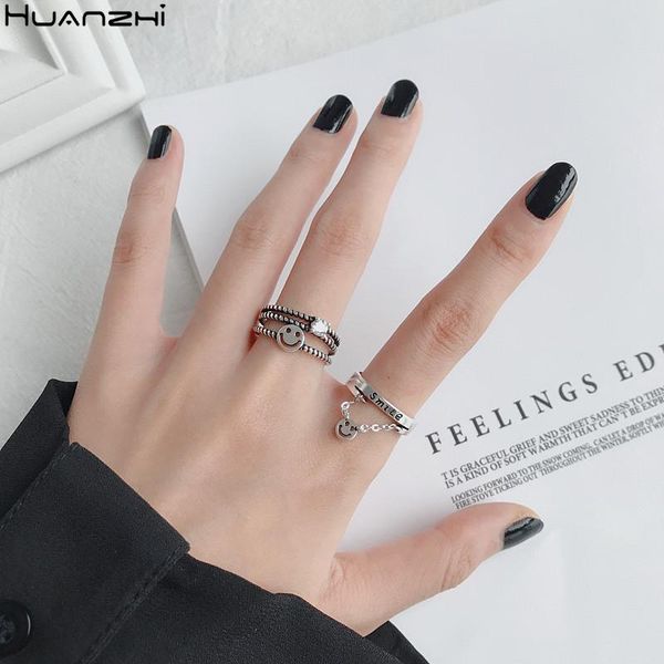 

cluster rings huanzhi 2021 smile human face rhinestone chain letter metal thai silver retro open ring for women men jewelry, Golden;silver
