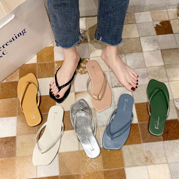 

slippers chic flip-flops women 2021 summer flat bottom outside wear soft soles non slip beach shoes, Black