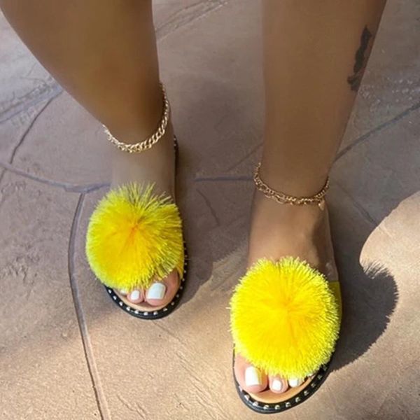 

women fur slipper 2021 summer women's outdoor flat female plush slide ladies comfort beach shoes woman casual footwear plus size slippe, Black