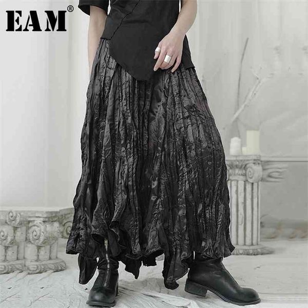 

[eam] high elastic waist black pleated irregular long temperament half-body skirt women fashion new spring autumn 1u965 210325