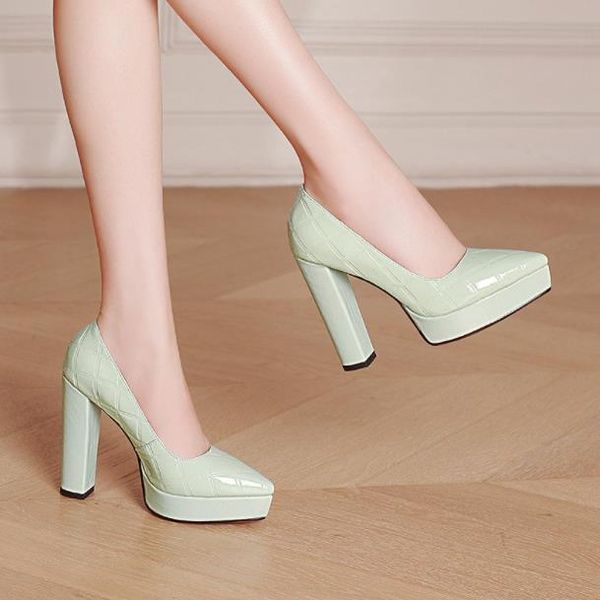 

dress shoes 2021 spring temperament pointed toe real cowhide thick high-heel platform candy color single 12cm, Black