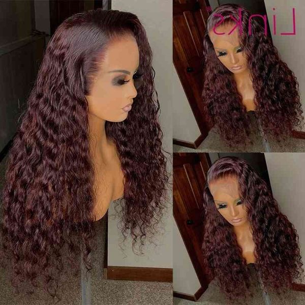 

30 inch 13x4 links human hair wigs for women curly brazilian remy highlight colored 99j burgandy 13x1t part lace wig, Black