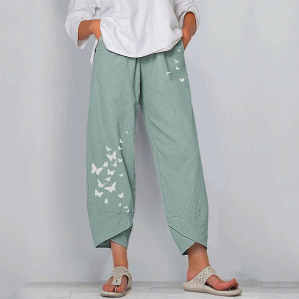

summer casual loose cotton hemp butterfly print wide leg pants female y-121, Black;white