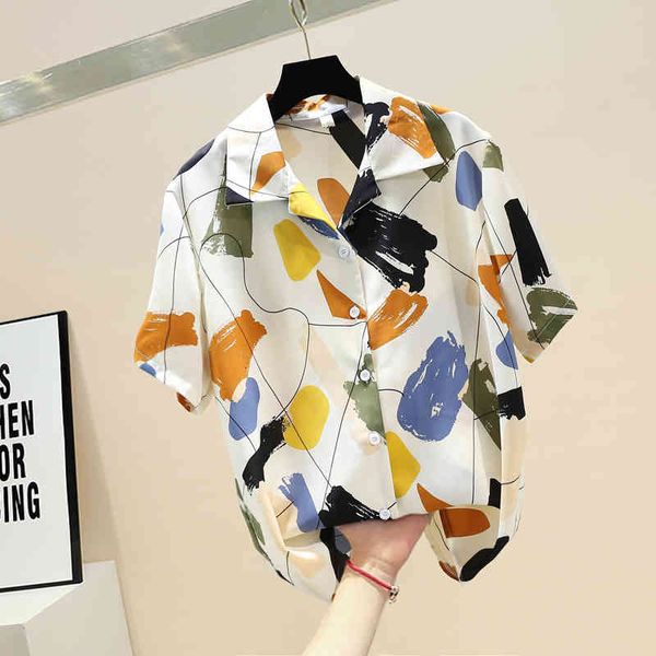 

suits graffiti chiffon shirts summer womens and blouses vintage lapel single-breasted short sleeve shirt, White;black