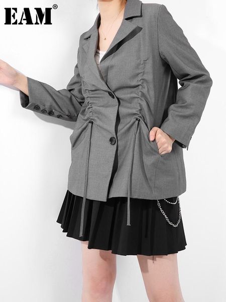 

women's suits & blazers [eam] women big size gray drawstring blazer lapel long sleeve loose fit jacket fashion tide spring autumn 2021, White;black