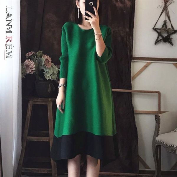 

women dress a-line three quarter sleeve loose large size round neck temperament pleated fashion summer 2h240 210526, Black;gray