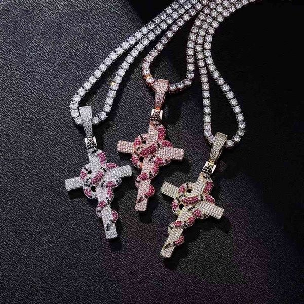 

new snake winding cross pendant necklace iced out cubic zirconia pendant christmas halloween hip hop jewelry gifts x0509, Black