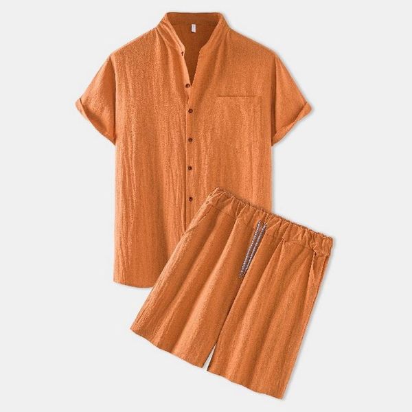 

men's tracksuits summer cotton linen suits solid color short sleeved lapel button shirt and shorts chic 2021 streetwear casual outfit, Gray