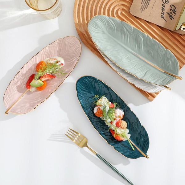 

dishes & plates ceramic sushi plate with glod rim feather design jewelry storage tray dim sum fruit cake dining dish tableware accessories
