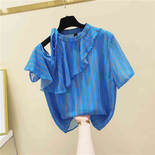 

blouses summer striped blouse for women lace-up off shoulder ruffles chiffon short sleeve shirt girls ladies blouses blusas, White