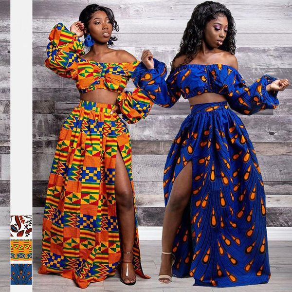

ethnic clothing 2021 s african dresses for women ladies full sleeve shoulder off festher dashiki print split skirts autumn africna clothes, Red
