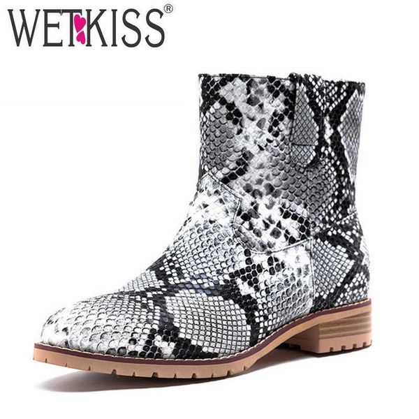 

wetkiss colorful snake skin pu boots women thick heels wood ankle boot female round toe shoes ladies shoes winter 33-46 210630, Black