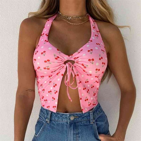 

omsj summer strappy sweety girl backless ruffles patchwork hollow out cherry printed cute women crop lace-up camisoles 210517, White