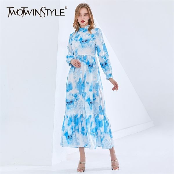 

print tie dye dress for women stand collar long sleeve high waist hit color elegant midi spring dresses female 210520, Black;gray