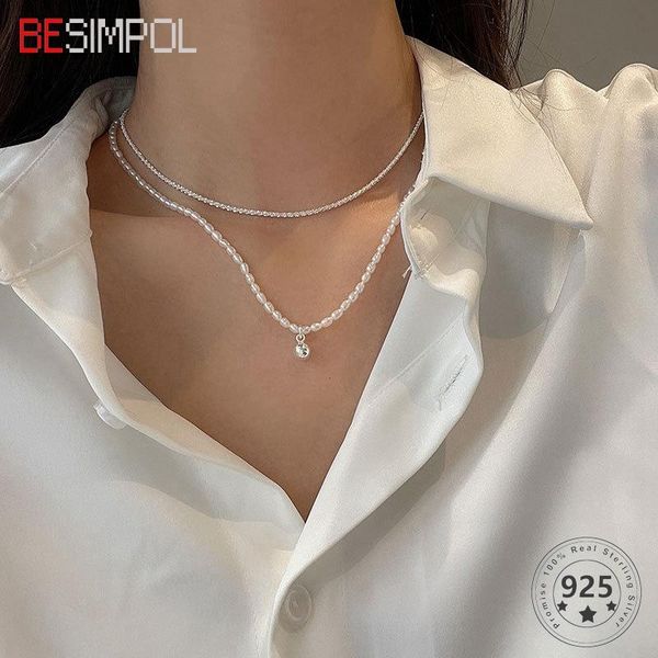 

besimpol sparkling 925 sterling silver double chain necklace elegant party freshwater pearl for women fine jewelry gift chains